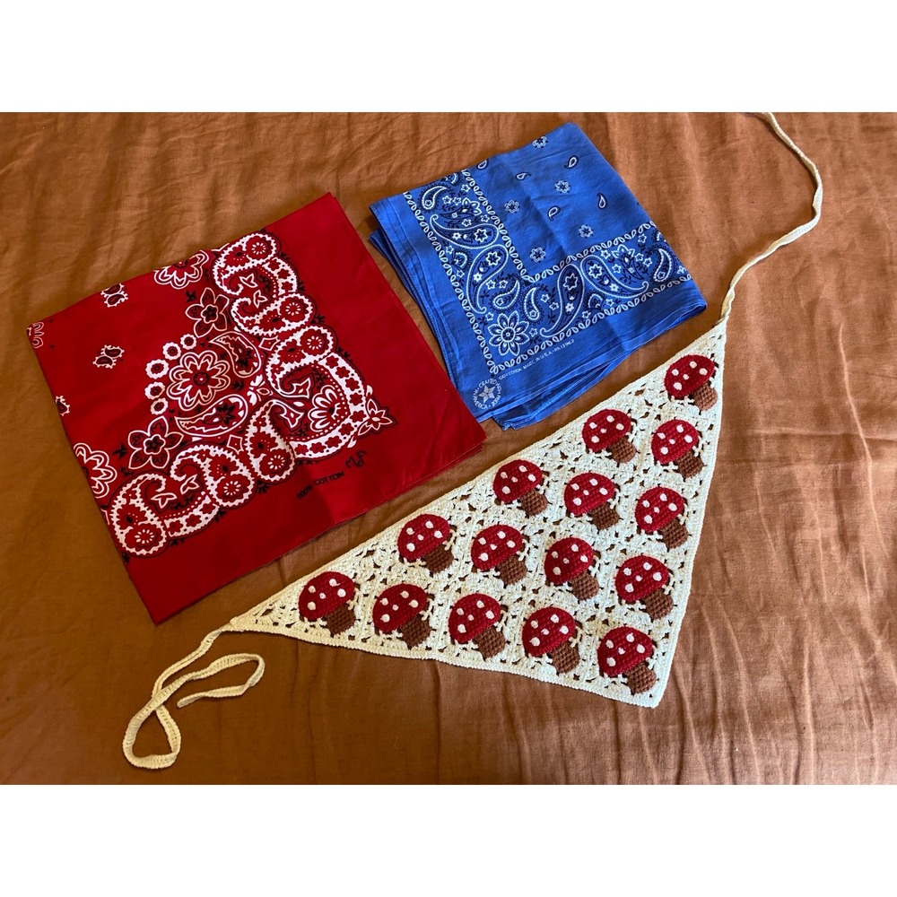 Scarf Lot Of Three Mushroom Knit Tie Red Bandanna & Distressed Blue Bandanna